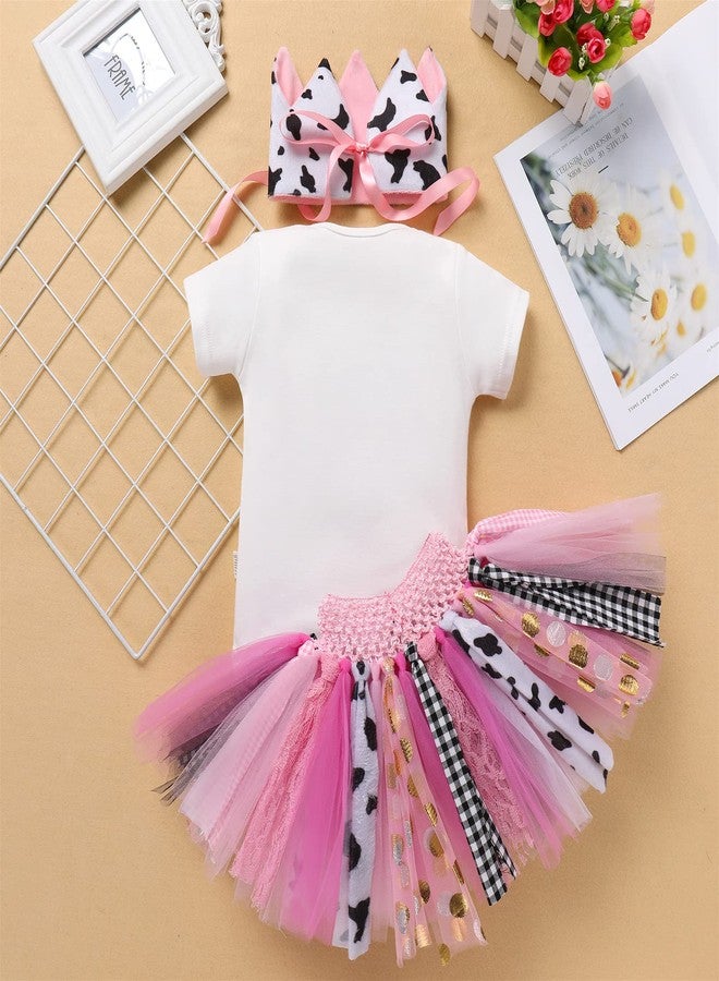 AWIBMK Baby Girl 1st Birthday Outfit Farm Cow Giraffe Romper Tutu Skirt Crown Headband Round Neck Animals Themed Cake Smash Photo Shoot Short Sleeve 3Pcs Clothes Set White + Pink Cow One 12-18M - Image 3